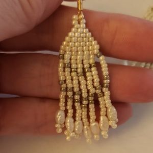 Hand woven Pearlescent Glass Beaded Earrings in gold genuine pearls